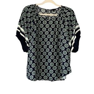 Ann Taylor‎ navy puff sleeve career wear blouse w sage green polka dots. Size M